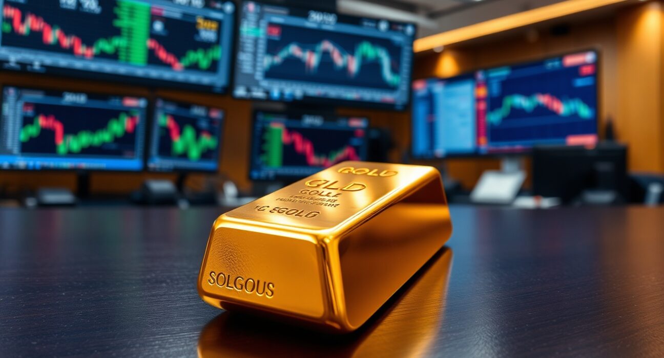 A single gold bar on a table in front of blurred financial monitors, representing rising gold futures positions.
