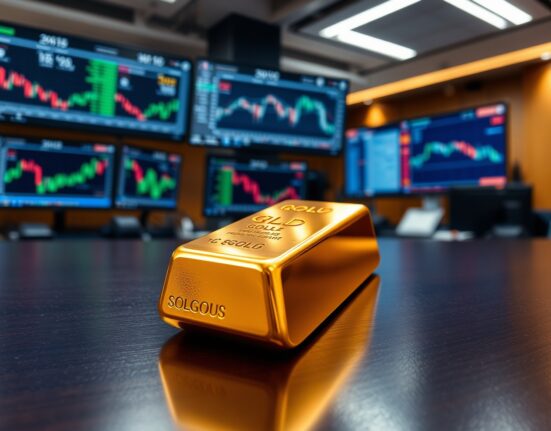 A single gold bar on a table in front of blurred financial monitors, representing rising gold futures positions.