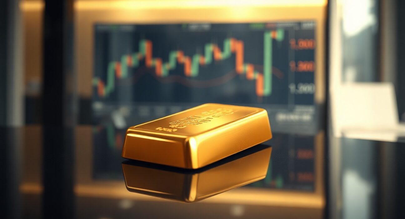 Gold bullion bar with blurred financial charts in background