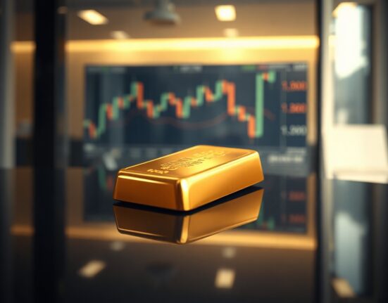 Gold bullion bar with blurred financial charts in background