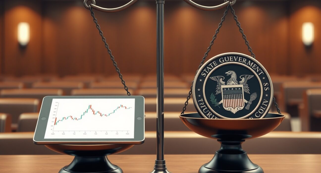 CFTC lawsuit against Illinois over prediction market regulation symbolized by scales of justice.