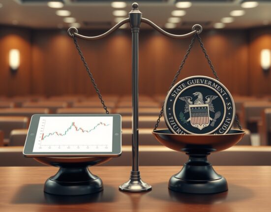CFTC lawsuit against Illinois over prediction market regulation symbolized by scales of justice.