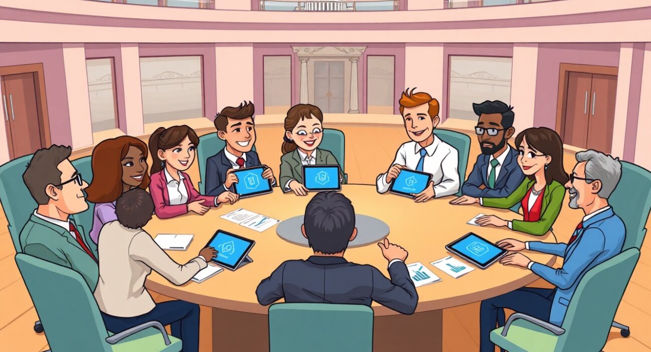 Cartoon illustration of the new CFTC innovation council meeting with crypto and traditional finance leaders.