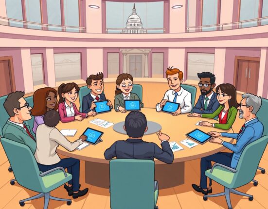 Cartoon illustration of the new CFTC innovation council meeting with crypto and traditional finance leaders.