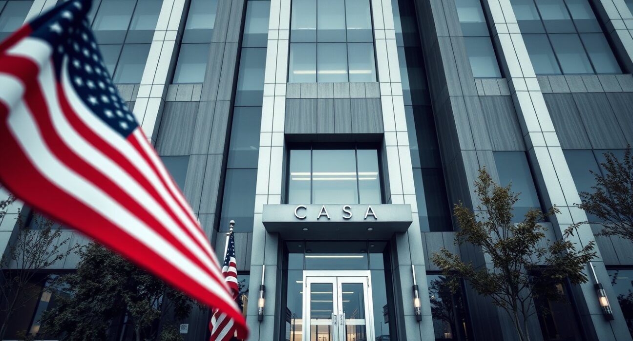 Exterior view of a US government regulatory agency building under overcast sky, representing the CFTC investigation into Polymarket.