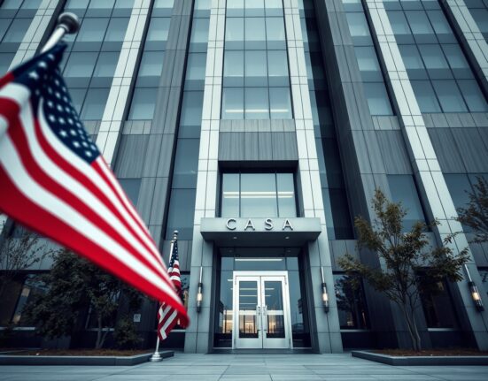 Exterior view of a US government regulatory agency building under overcast sky, representing the CFTC investigation into Polymarket.