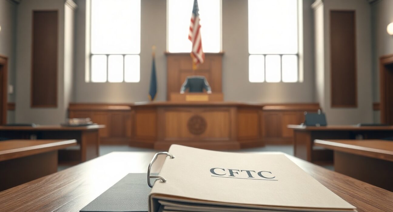 Empty courtroom with CFTC documents on table representing legal action over crypto fraud