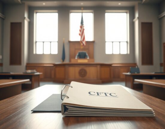 Empty courtroom with CFTC documents on table representing legal action over crypto fraud