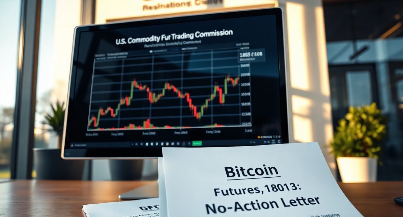CFTC building exterior with Bitcoin futures chart and no-action letter document on desk