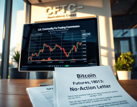 CFTC building exterior with Bitcoin futures chart and no-action letter document on desk