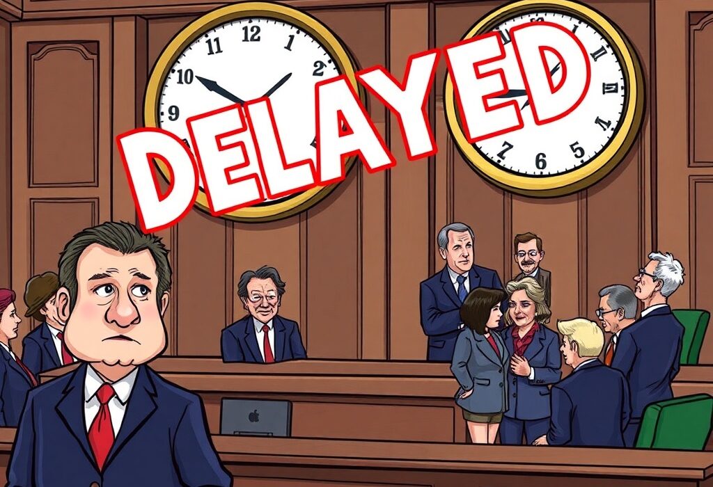 A cartoon illustration showing the CFTC nomination delay, symbolizing the postponed decision in a legislative setting.