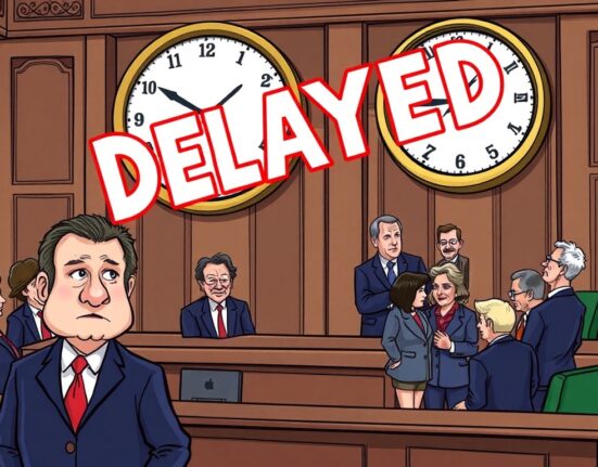 A cartoon illustration showing the CFTC nomination delay, symbolizing the postponed decision in a legislative setting.