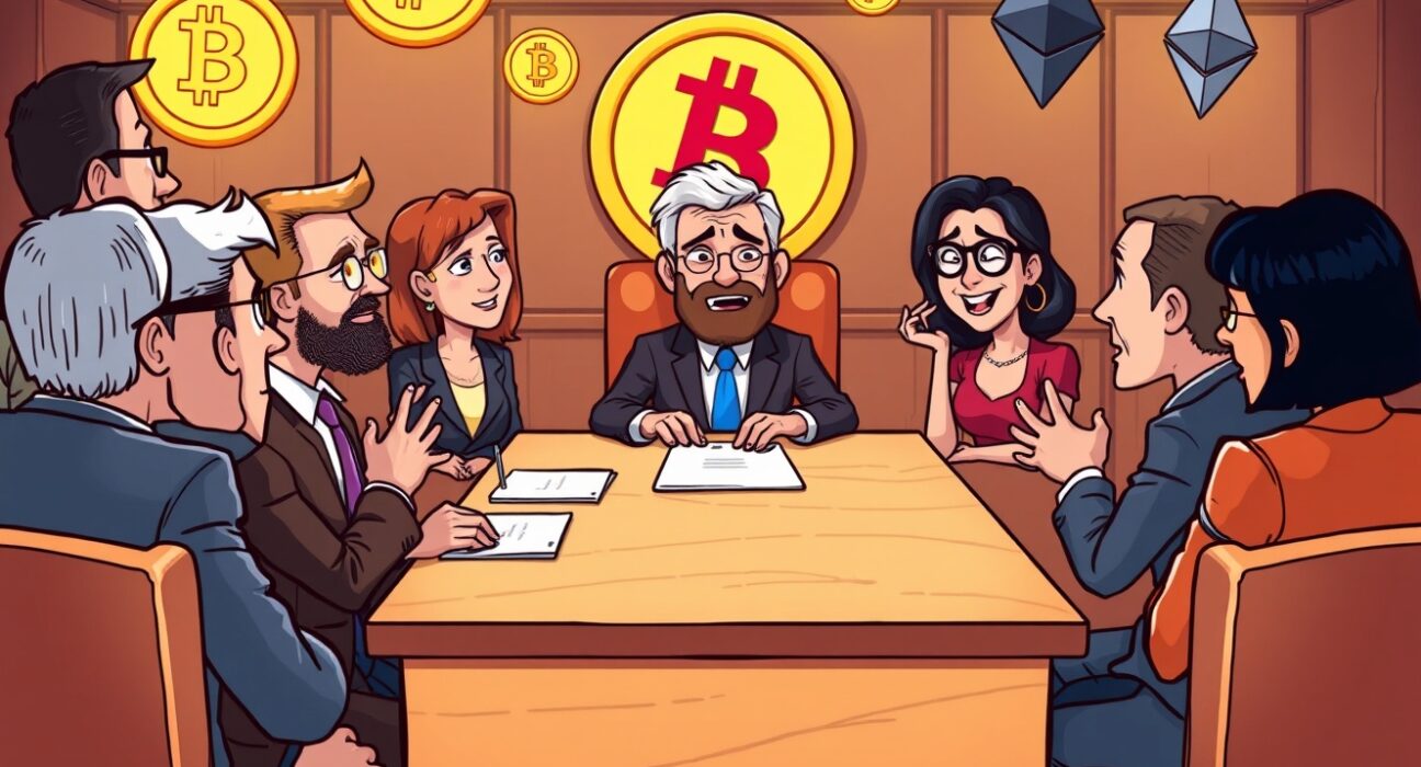 CFTC nominee discussing crypto regulation at Senate hearing with digital asset symbols