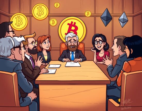 CFTC nominee discussing crypto regulation at Senate hearing with digital asset symbols