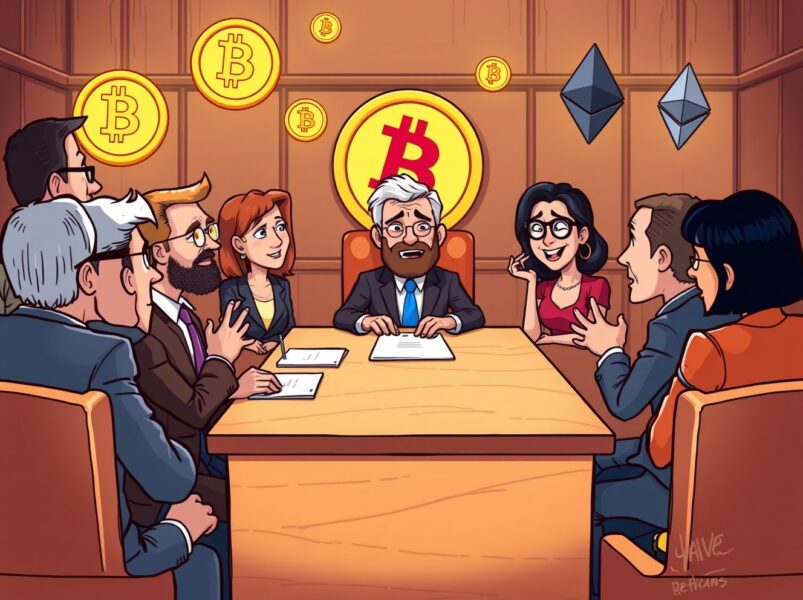 CFTC nominee discussing crypto regulation at Senate hearing with digital asset symbols