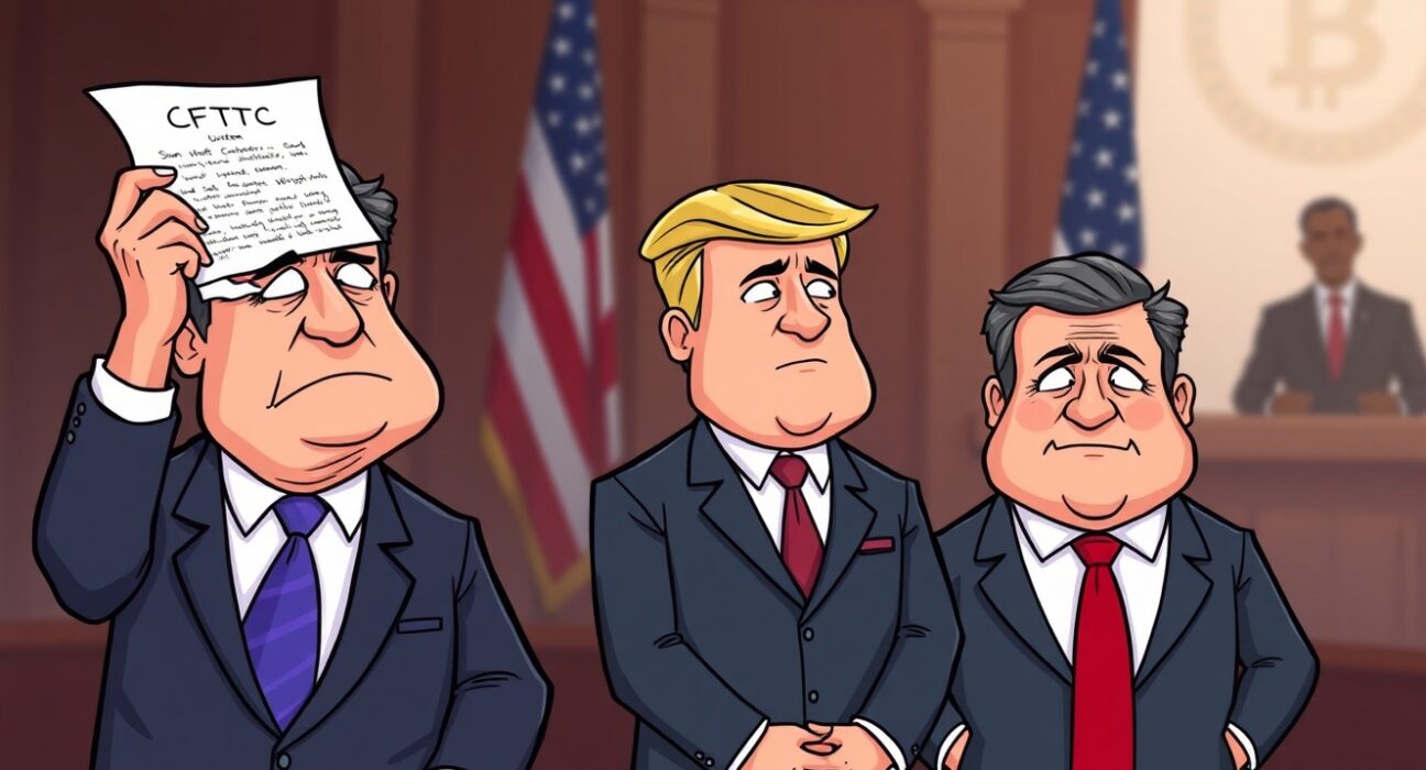 Cartoon of CFTC nominee Quintenz revealing alleged obstruction by Gemini founders, highlighting tensions in crypto regulation.