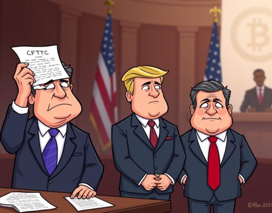 Cartoon of CFTC nominee Quintenz revealing alleged obstruction by Gemini founders, highlighting tensions in crypto regulation.