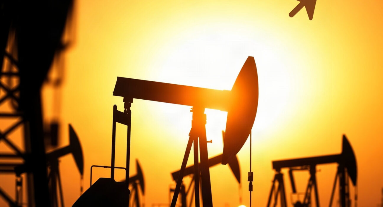 Oil pumpjack at sunset representing rising crude oil net long positions
