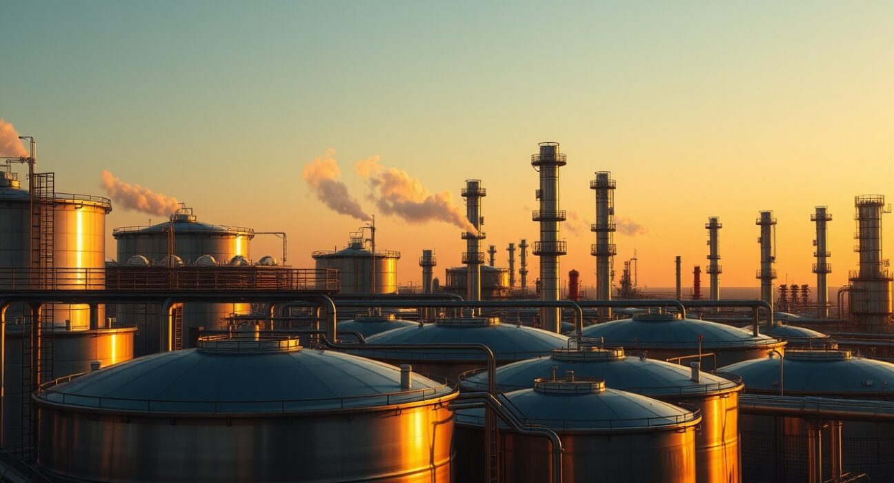 Aerial view of an oil refinery at sunset, representing the oil market.