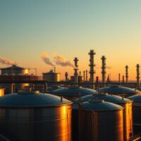 Aerial view of an oil refinery at sunset, representing the oil market.