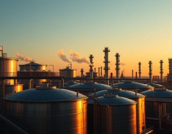 Aerial view of an oil refinery at sunset, representing the oil market.