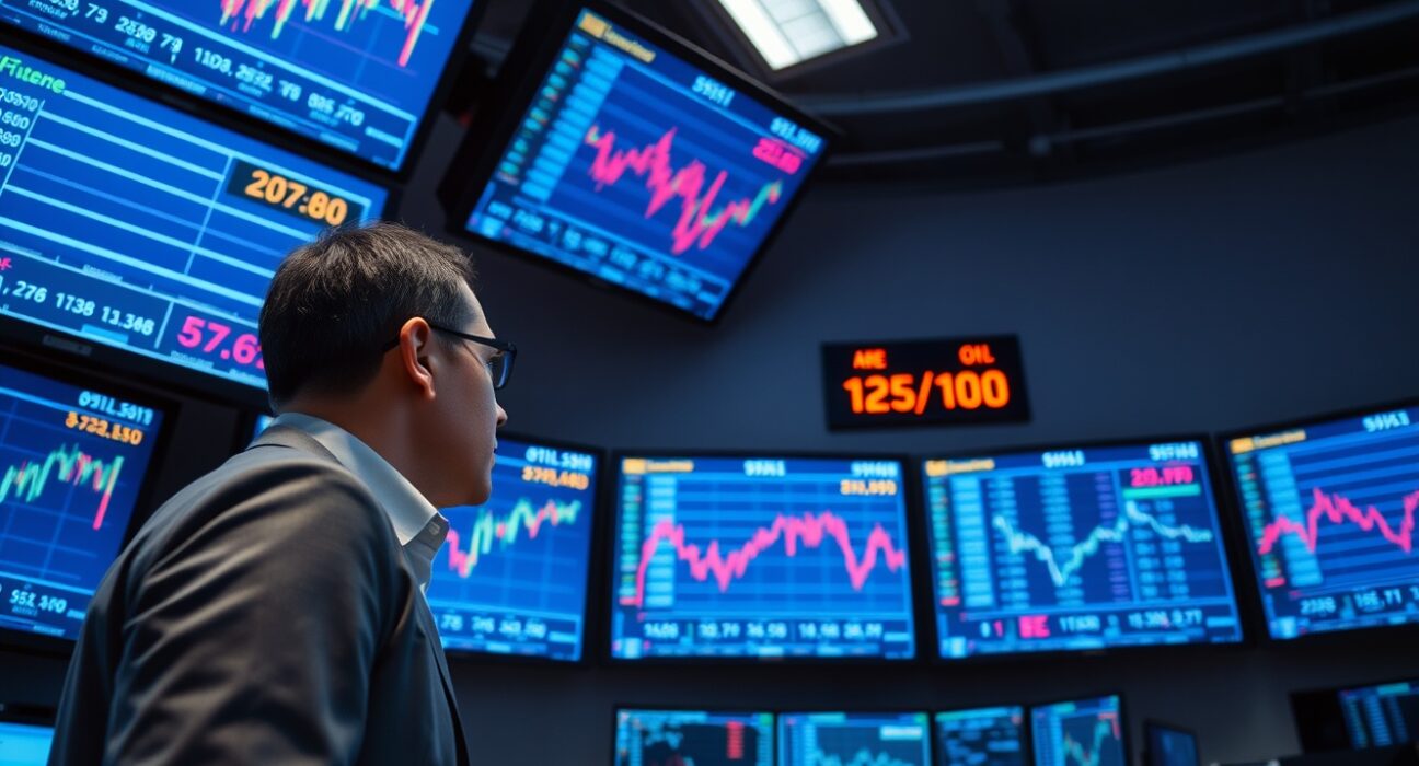 Trading floor analyst monitoring oil futures data on multiple screens