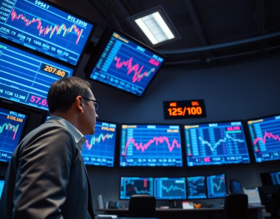 Trading floor analyst monitoring oil futures data on multiple screens