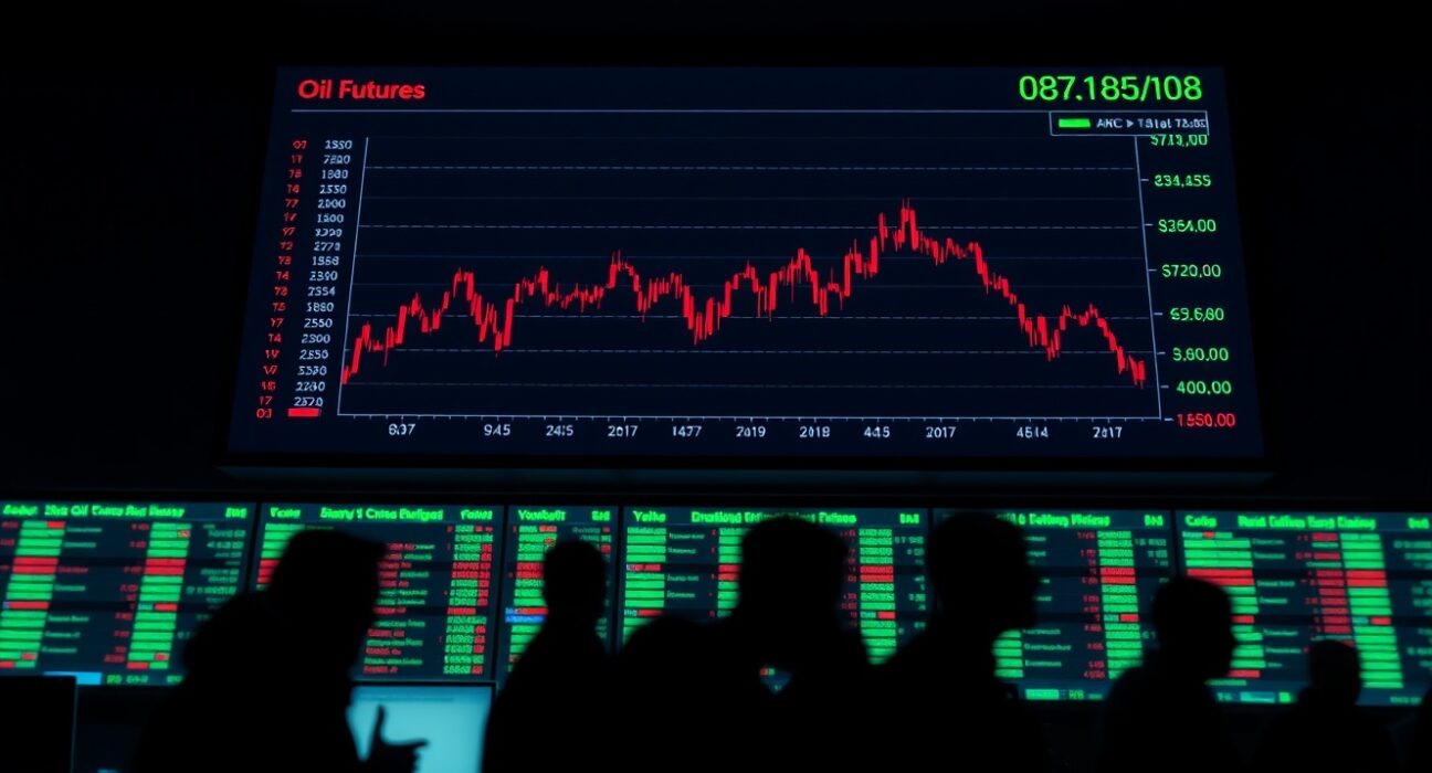 Trading floor with electronic board showing a downward trend in oil futures data.