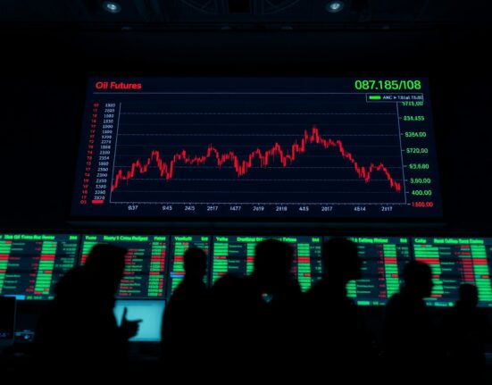 Trading floor with electronic board showing a downward trend in oil futures data.