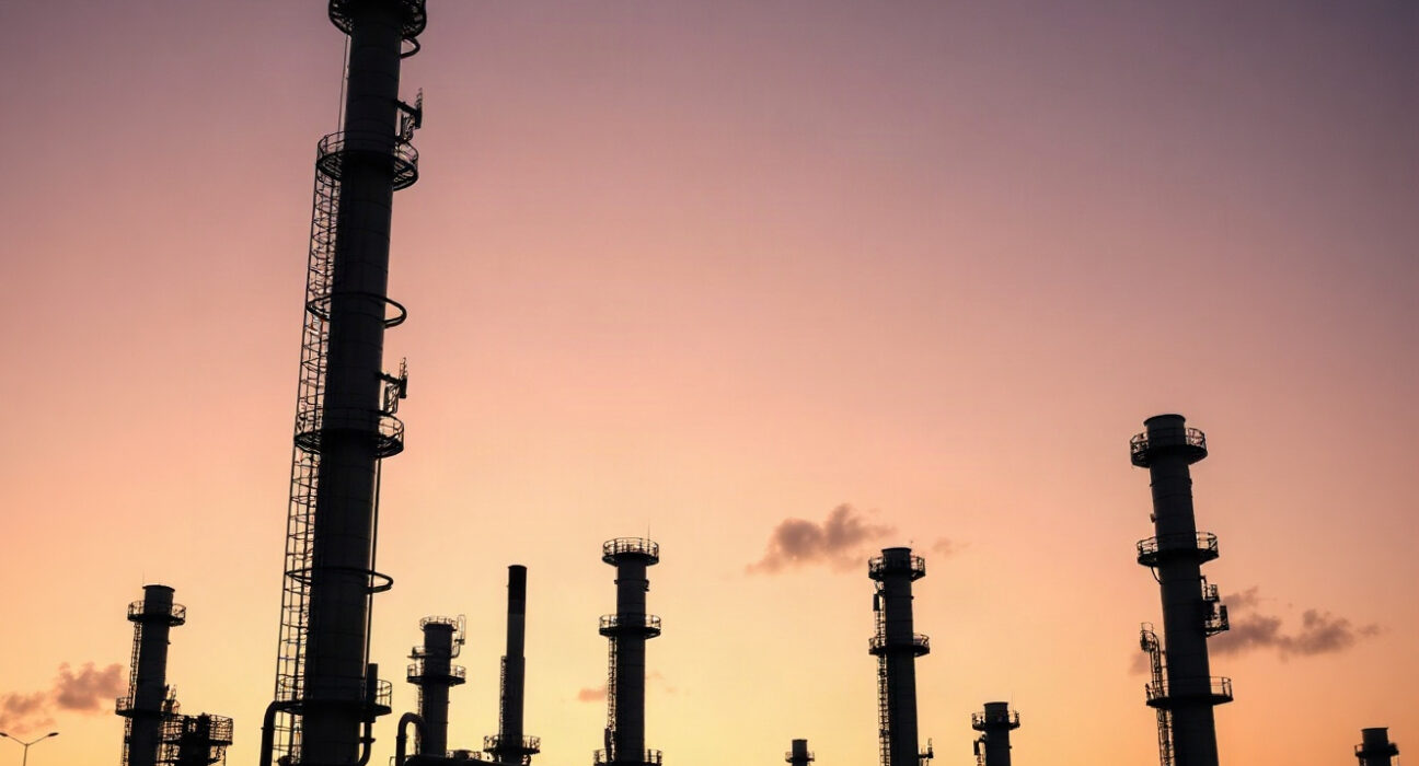 Oil refinery at dusk with distillation towers and pipes
