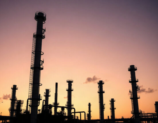 Oil refinery at dusk with distillation towers and pipes