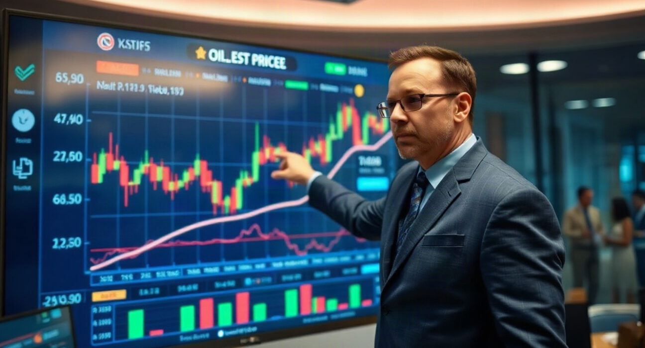 Trading screen showing oil and VIX charts on a financial newsroom display