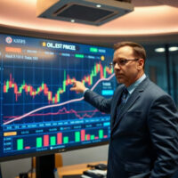 Trading screen showing oil and VIX charts on a financial newsroom display