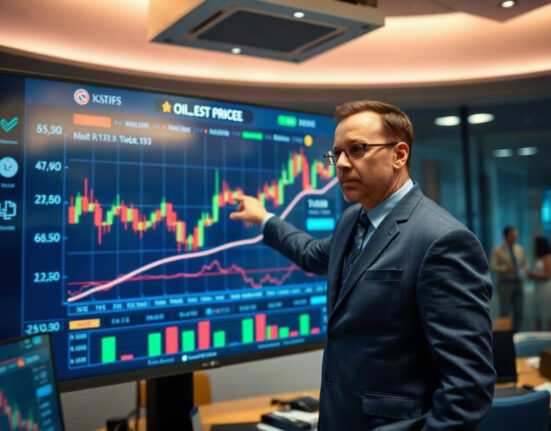 Trading screen showing oil and VIX charts on a financial newsroom display