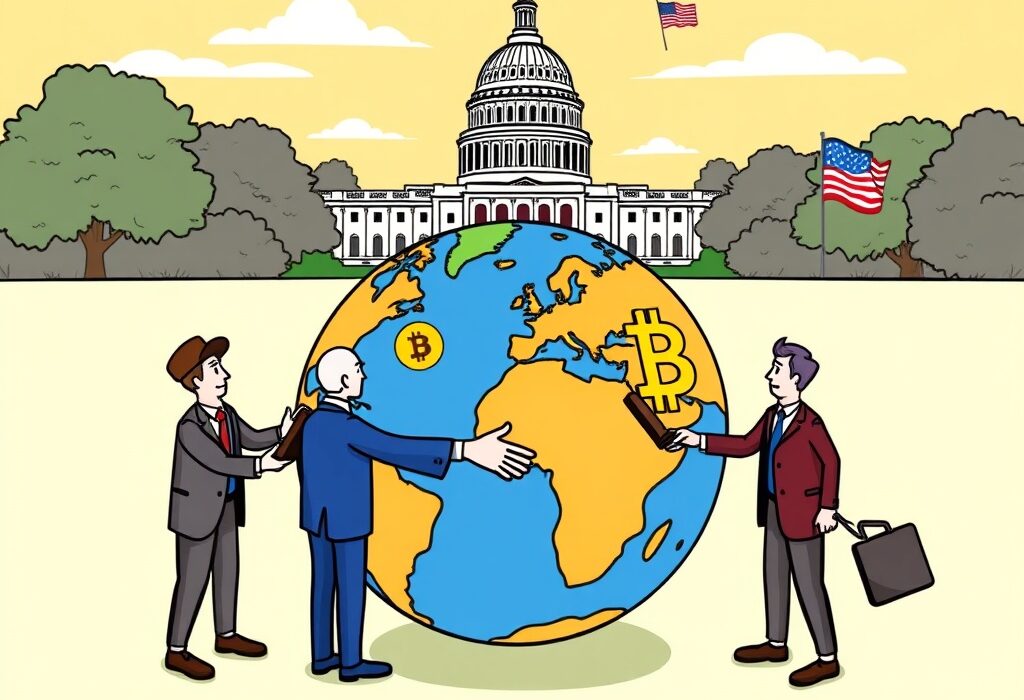 Cartoon of global regulators collaborating to integrate overseas crypto exchanges into the US market, signaling new crypto regulation.