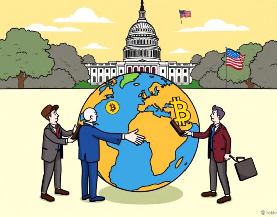Cartoon of global regulators collaborating to integrate overseas crypto exchanges into the US market, signaling new crypto regulation.