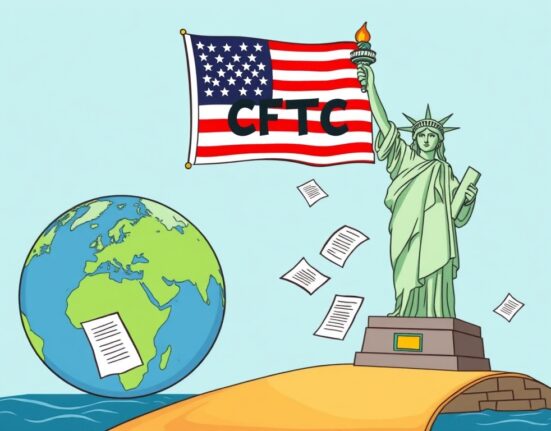 A cartoon illustration showing a clear pathway for CFTC overseas exchanges to engage with American clients, symbolizing new regulatory clarity.