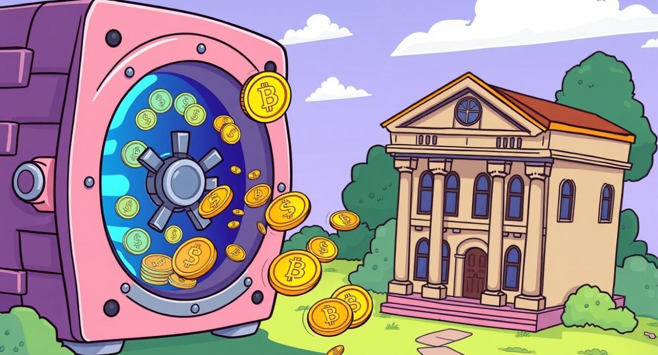 Cartoon illustration of the US CFTC pilot program for tokenized derivatives collateral bridging finance and blockchain.