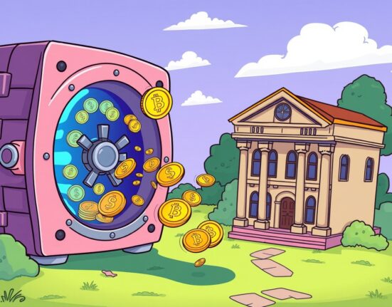 Cartoon illustration of the US CFTC pilot program for tokenized derivatives collateral bridging finance and blockchain.