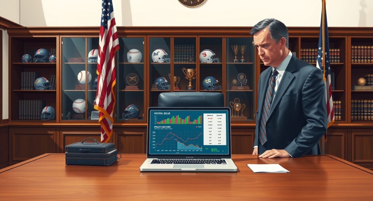 CFTC chair Michael Selig in office with prediction market interface and sports memorabilia, representing push to limit state interference in prediction markets.