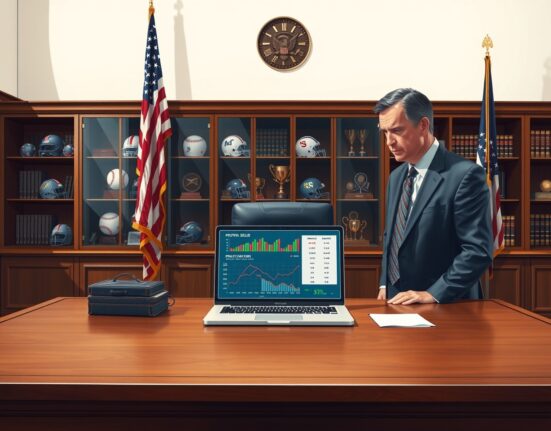 CFTC chair Michael Selig in office with prediction market interface and sports memorabilia, representing push to limit state interference in prediction markets.