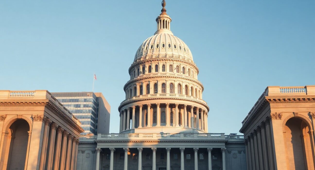 U.S. Capitol and CFTC building under clear sky, symbolizing crypto regulation