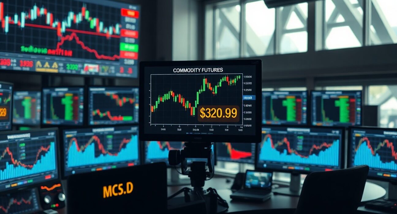 Trading screens showing FX and commodity charts with divergent trends in a professional trading environment.