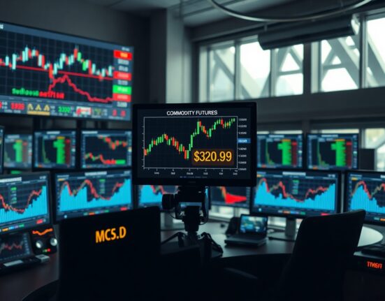 Trading screens showing FX and commodity charts with divergent trends in a professional trading environment.