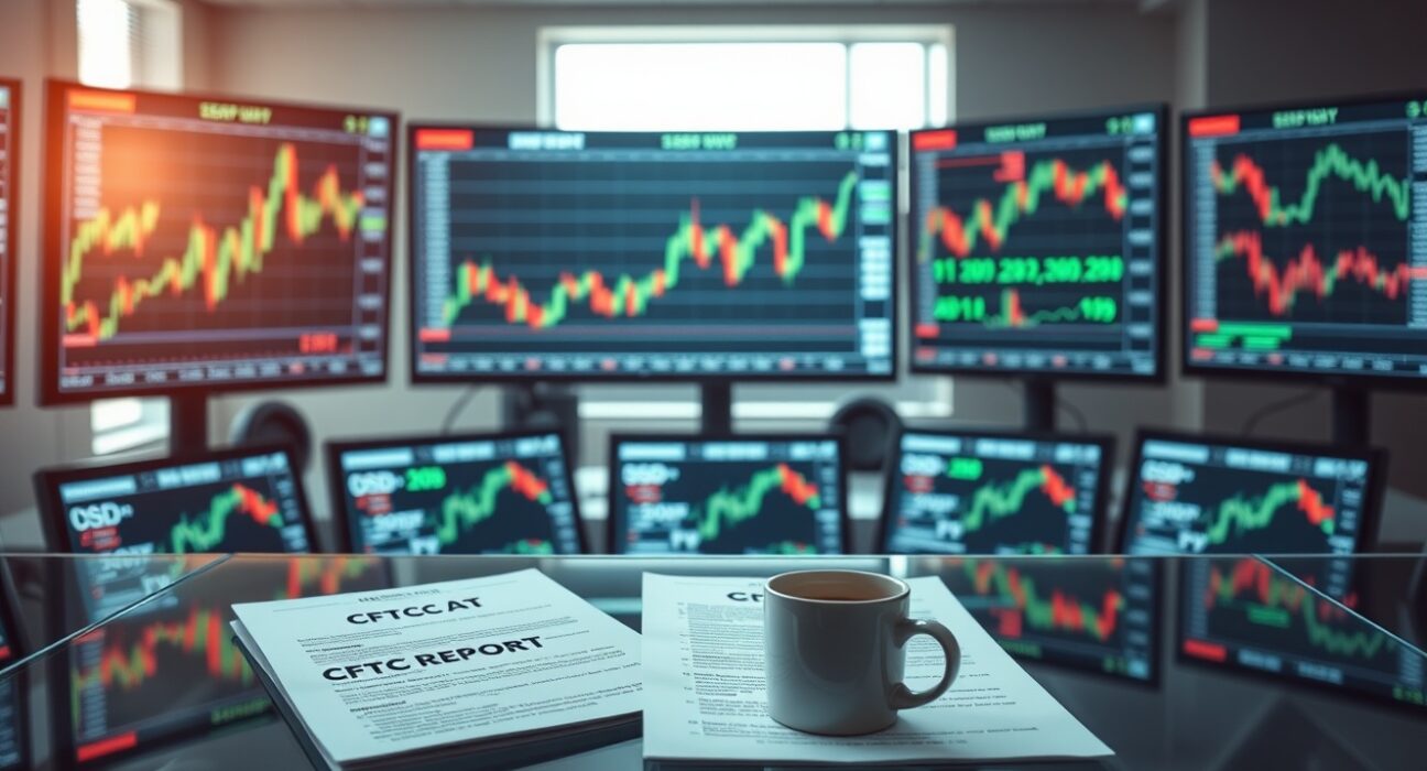 Trading desk with CFTC reports and monitors showing currency and commodity charts
