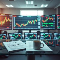 Trading desk with CFTC reports and monitors showing currency and commodity charts