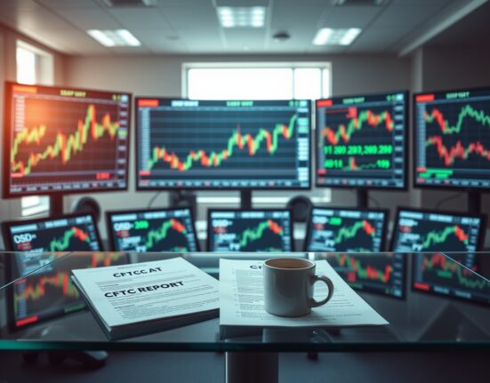 Trading desk with CFTC reports and monitors showing currency and commodity charts