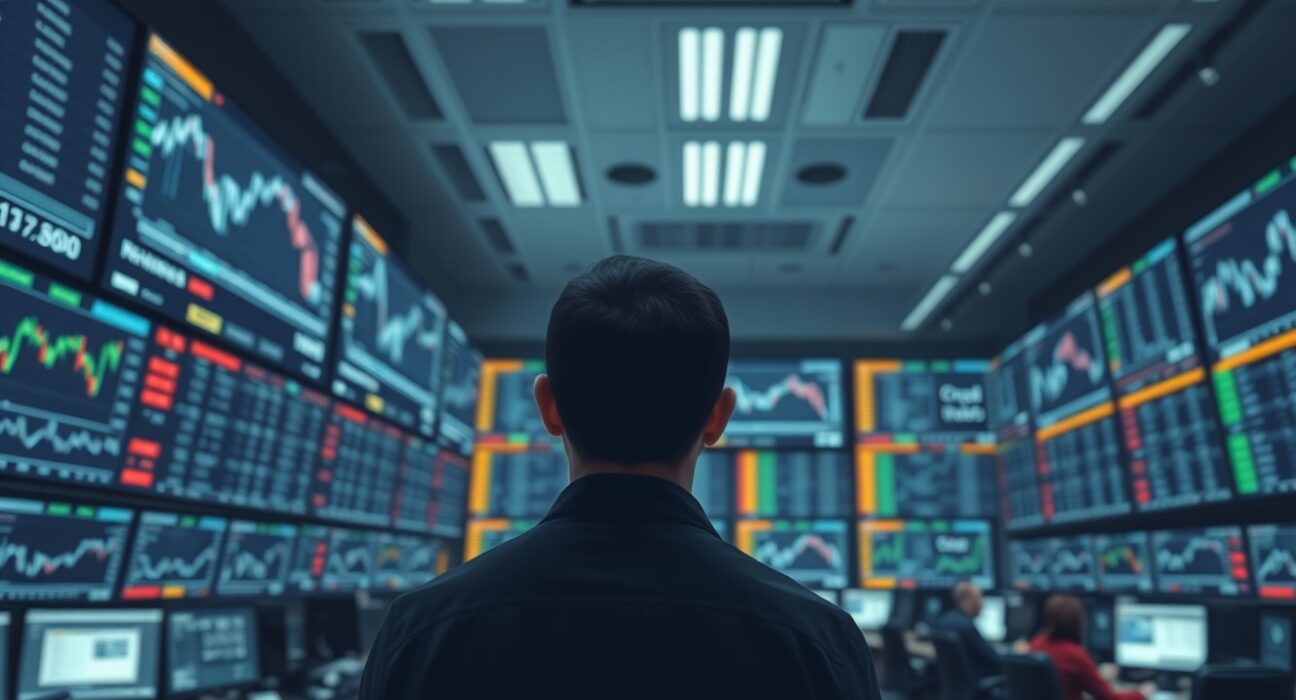 Trader analyzing financial charts on monitors in a modern trading floor, with currency and crude oil trends visible.