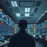 Trader analyzing financial charts on monitors in a modern trading floor, with currency and crude oil trends visible.