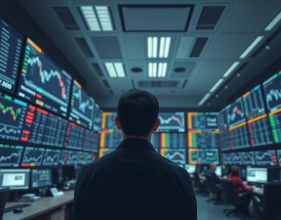 Trader analyzing financial charts on monitors in a modern trading floor, with currency and crude oil trends visible.
